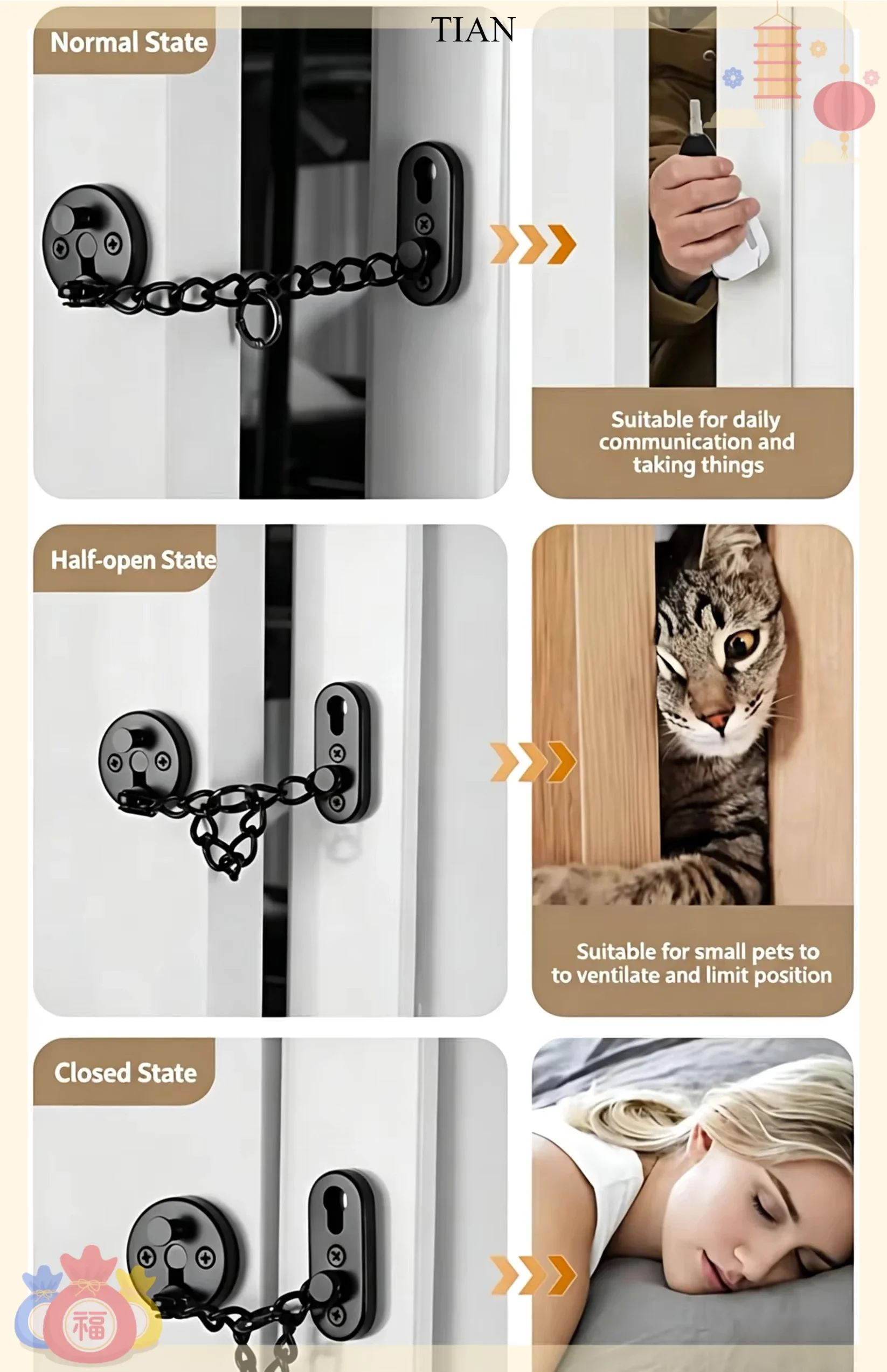 TIAN チェーン式ドアガードロック、スプリング付き、防犯用 - Security Chain Door のレビューと価格