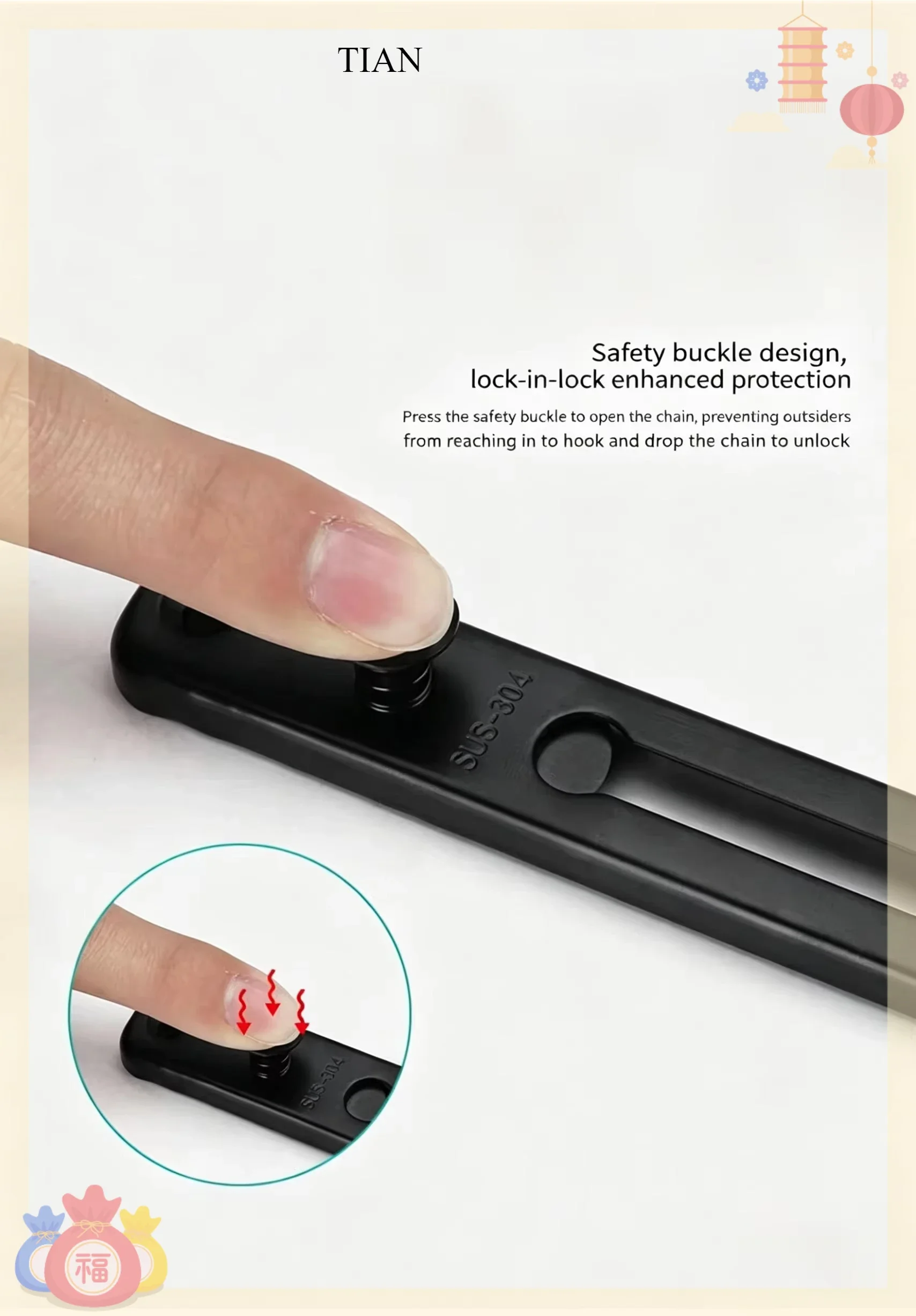 TIAN チェーン式ドアガードロック、スプリング付き、防犯用 - Security Chain Door のレビューと価格